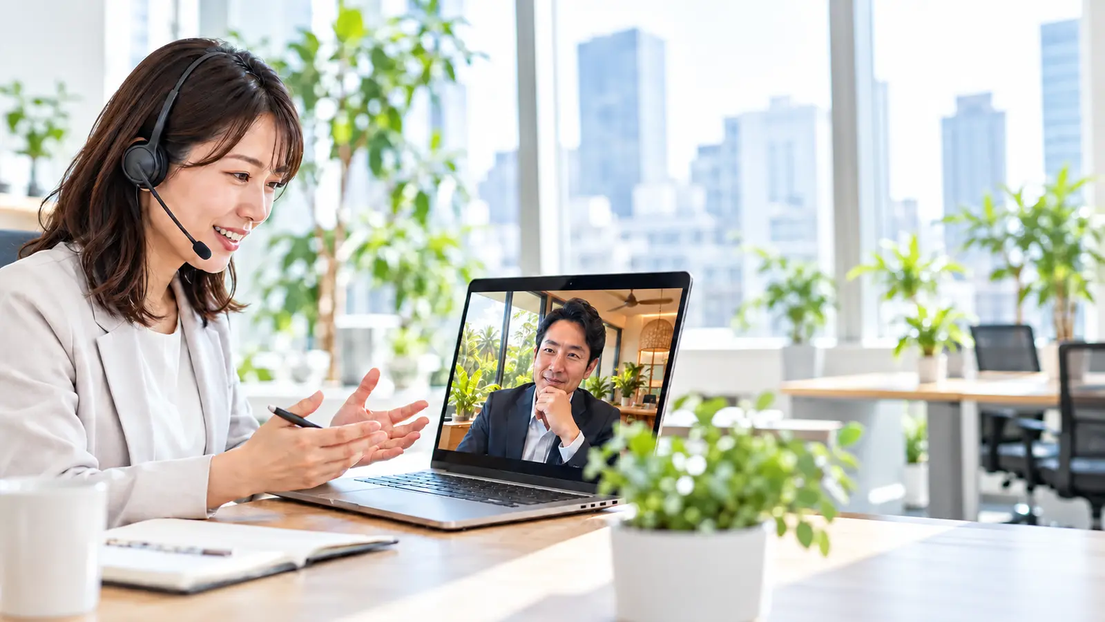 海外駐在員とWeb会議を行う日本人営業スタッフ